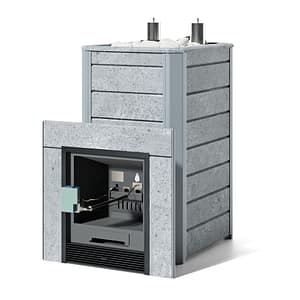 Печь Ялта 40 К/2024 в облицовке из камня - Вид топлива - ГГУ-50, Марка стали - AISI 430, Варианты кожуха - Талькохлорит