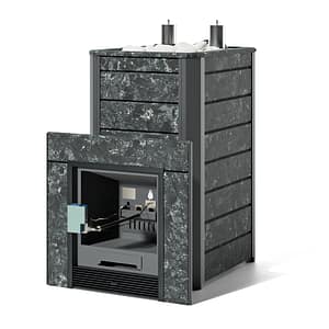 Печь Ялта 40 К/2024 в облицовке из камня - Вид топлива - ГГУ-50, Марка стали - AISI 430, Варианты кожуха - Пироксенит